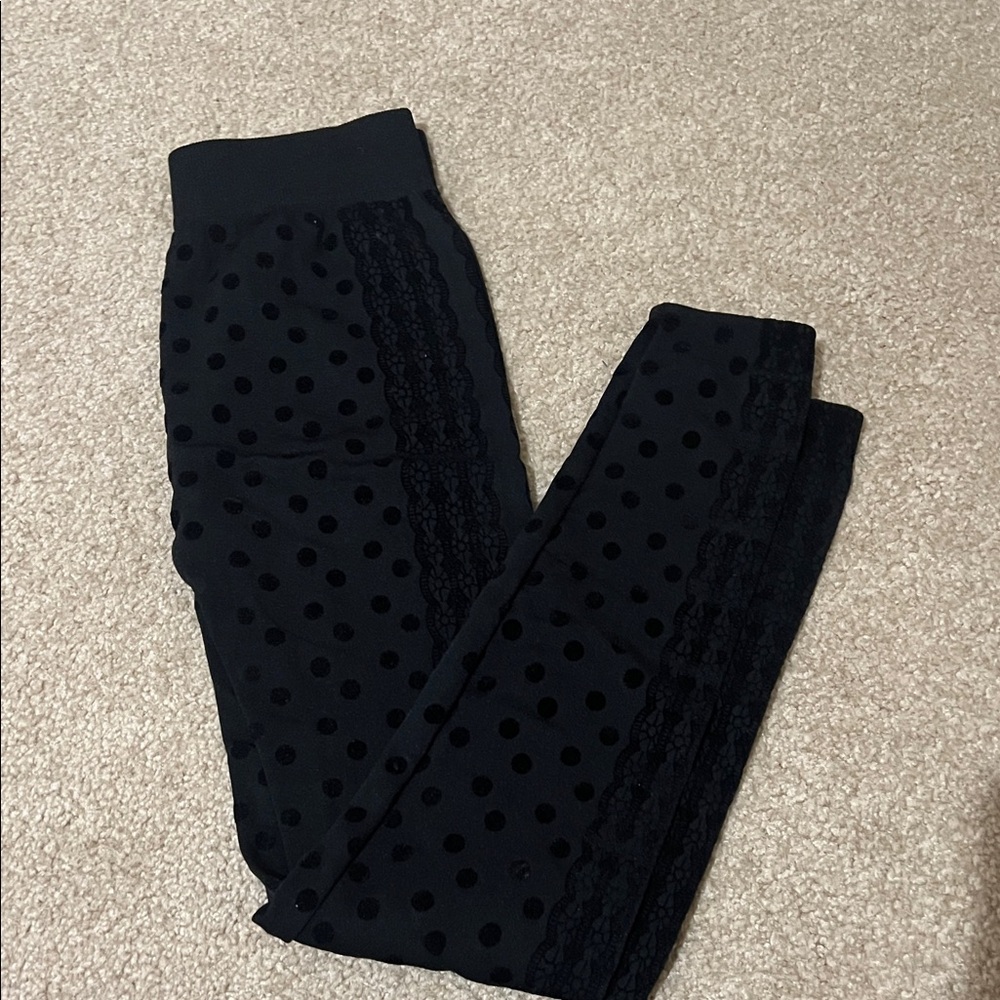 Black Polka Dot Lace-Trim Leggings